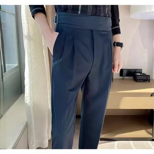 Herren Gürtel Britischer Stil Hohe Taille Gerades Bein Anzughose Retro Hose - Bild 5 von 29