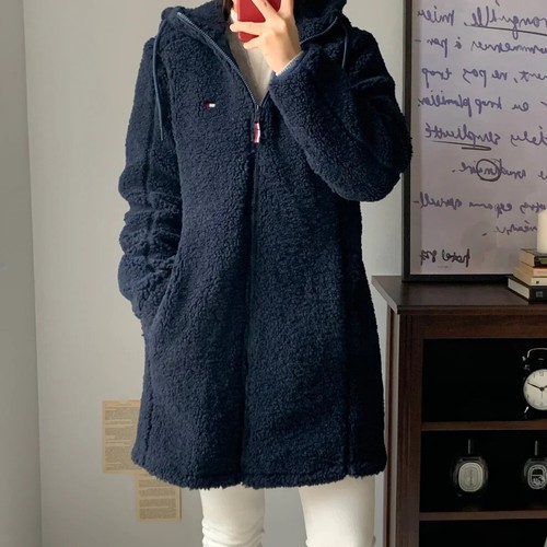 NUEVO CON ETIQUETAS $199 MUJER TOMMY HILFIGER DEPORTE LARGO SHERPA CREMALLERA CHAQUETA ABRIGO AZUL MARINO S - Imagen 12 de 15