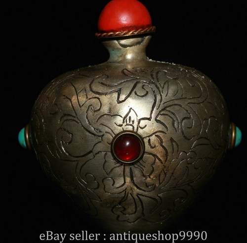 3.4" Qianlong Marked Chinese Silver Inlaid Gemstone Flower Round Snuff Bottle - Picture 7 of 9