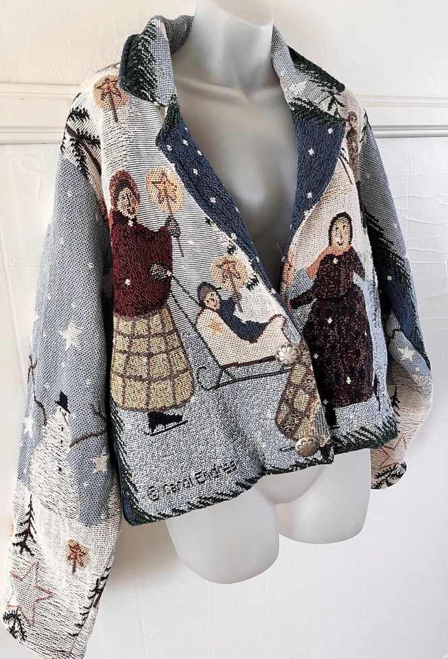 De Colección Pintado Pony Carol Endres Navidad Muñeco de Nieve Patinador sobre Hielo Tapiz Chaqueta O/S Foto 2 de 4