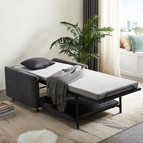 Single Sofa Bed Linen Armchair Lounge Chair Folding Couch with 2 Cushions Grey - Picture 6 of 8