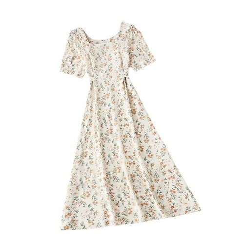 Lady Chiffon Midi Tea Dresses Floral Short Sleeve Cottagecore Square Neck Casual - Picture 4 of 12