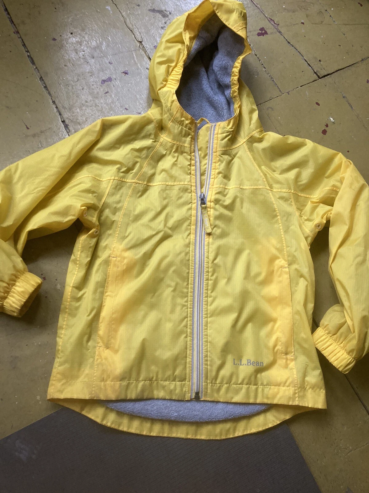 LL Bean Jacket Girls Boys Fleece Lined Coat Hooded Windbreaker Yellow Sz 6X/7