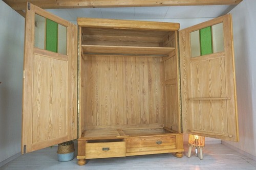 selten großer zerlegbarer Jugendstil Schrank von 1900 mit Strukturglas Weichholz - Bild 5 von 12