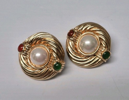 Multicolor Gripoix Glass Cabochon Gold Tone Statement Clip On Earrings Vtg - Picture 1 of 7