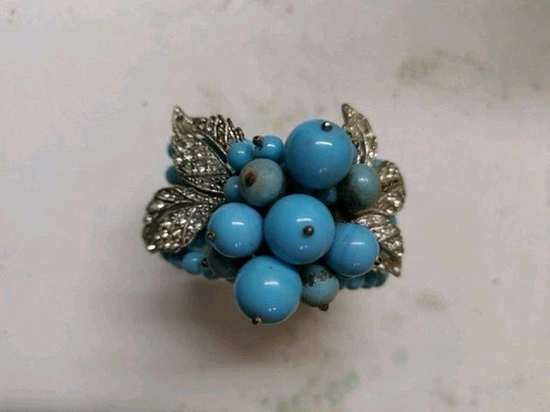 Vintage MIRIAM HASKELL Aqua Glass Rhinestone Leaves Coil Wrap Bracelet Af - Picture 9 of 9