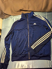 adidas Men's Blue/White Full-Zip Track Jacket M Polyester Stand-Up Collar