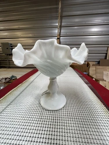 vintage white milk glass compote ruffled, crimped, edge & twisted pedestal stem