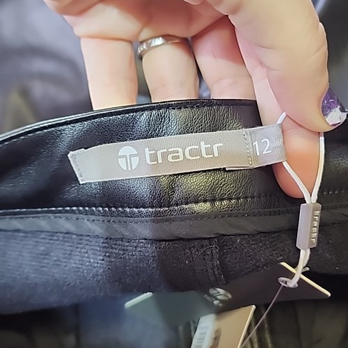 NEW - Girls 12 - TRACTR - Black Faux Leather Flair Pants, Pockets, Lined - Picture 7 of 11