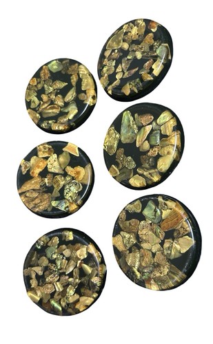 6 Lucite Abalone Runde Untersetzer 3" Schwarz Bunt Ozean Inspo Korkboden LESEN - Bild 1 von 8