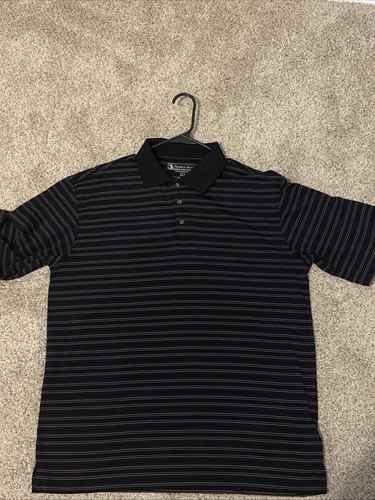 Vintage Pebble Beach Polo Shirt Mens L Black Tan Striped Mercerized Cotton Golf - Picture 8 of 8