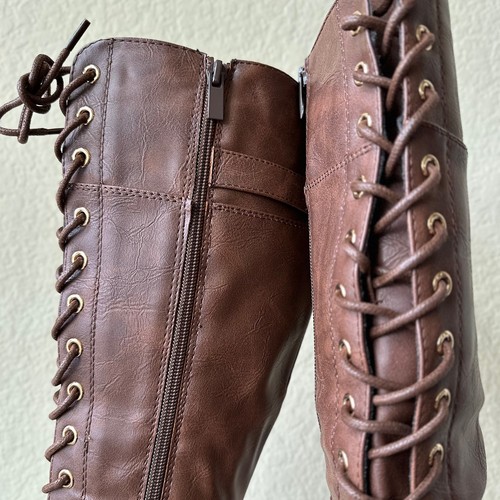 New Lace-Up Knee High Combat Military Moto Boots Lug Sole Block Heel Round Toe - Picture 10 of 16