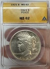 1921 Peace Silver Dollar ANACS MS62 Key Date High Relief Lightly Toned Beauty!