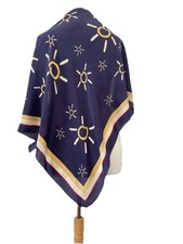 H6 Vintage Abstract Silk Scarf Navy Blue Yellow Sun Print
