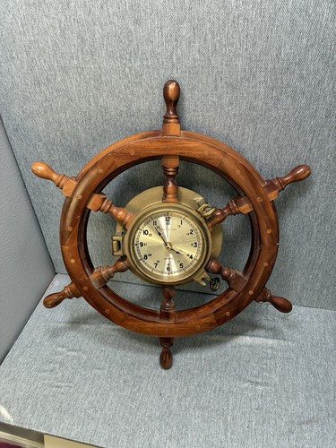 24 In. Ship Wheel Wall Quartz Clock - Brass & Wood [FUNCTIONAL]