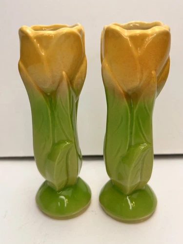 Vintage Shawnee Pottery USA #1115 Yellow Green TULIP Flower Floral bud vases Lot