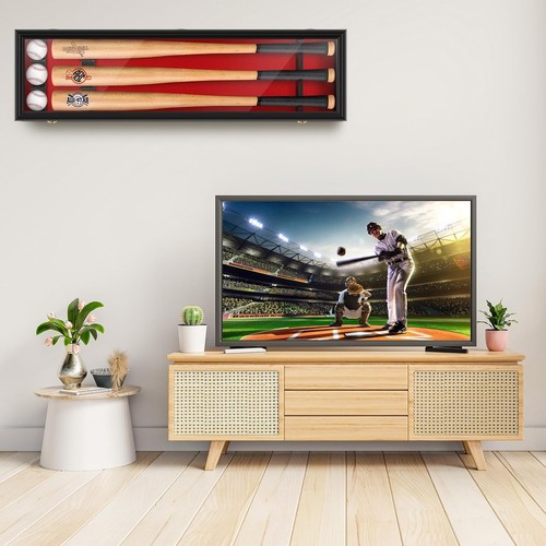 3 Baseball Bat Display Case Black & Red Wall Horizontal Wood Frame MLB Cabinet - Picture 13 of 14
