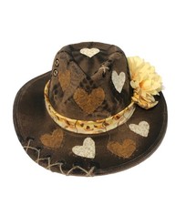 Tazzles 1of1 Womens Custom Western Fedora Hat-Brown Felt, Hearts, Yellow Flower.
