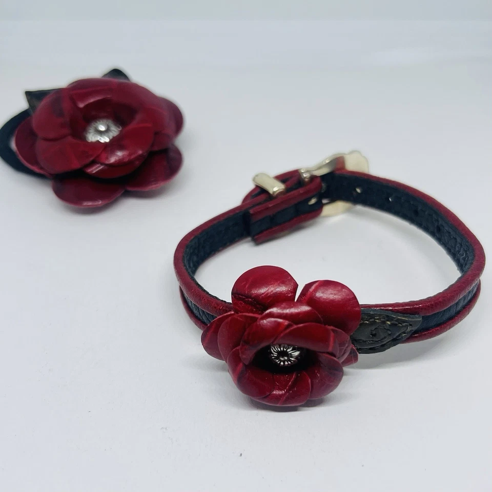 Brighton Red Rose Black Stripe Leather Buckle Bracelet Red Rose Hair Tie Set - Image 2 of 4