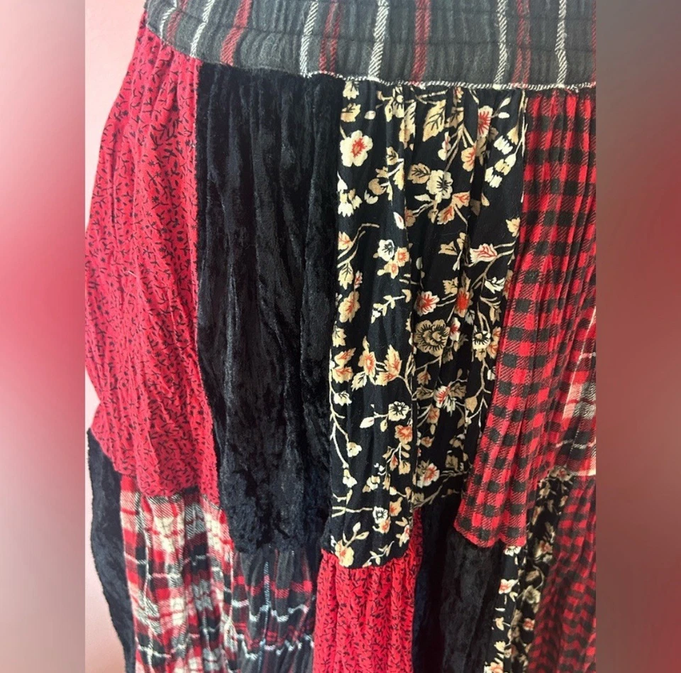 Saia de Natal xadrez veludo vintage anos 90 fairygrunge boho hippie caprichoso patchwork M - Imagem 3 de 4