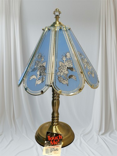 Neu Vintage OK Beleuchtung Lampe Tiffany Glasscheibe 3 Wege Touch Blau Floral Neu