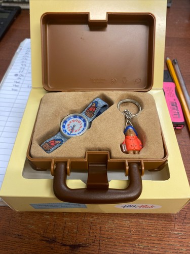 Vintage Flik Flak Paddington Bear Watch Keyring Set Swiss Made Rare Never Used - Picture 3 of 21