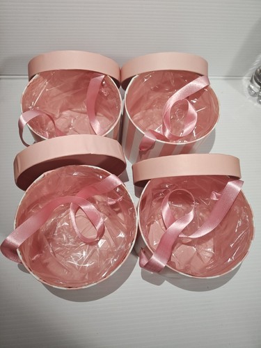 Round Gift Box with Lid & Ribbon, Pink White Stripes, Cardboard Paperboard - Picture 3 of 10