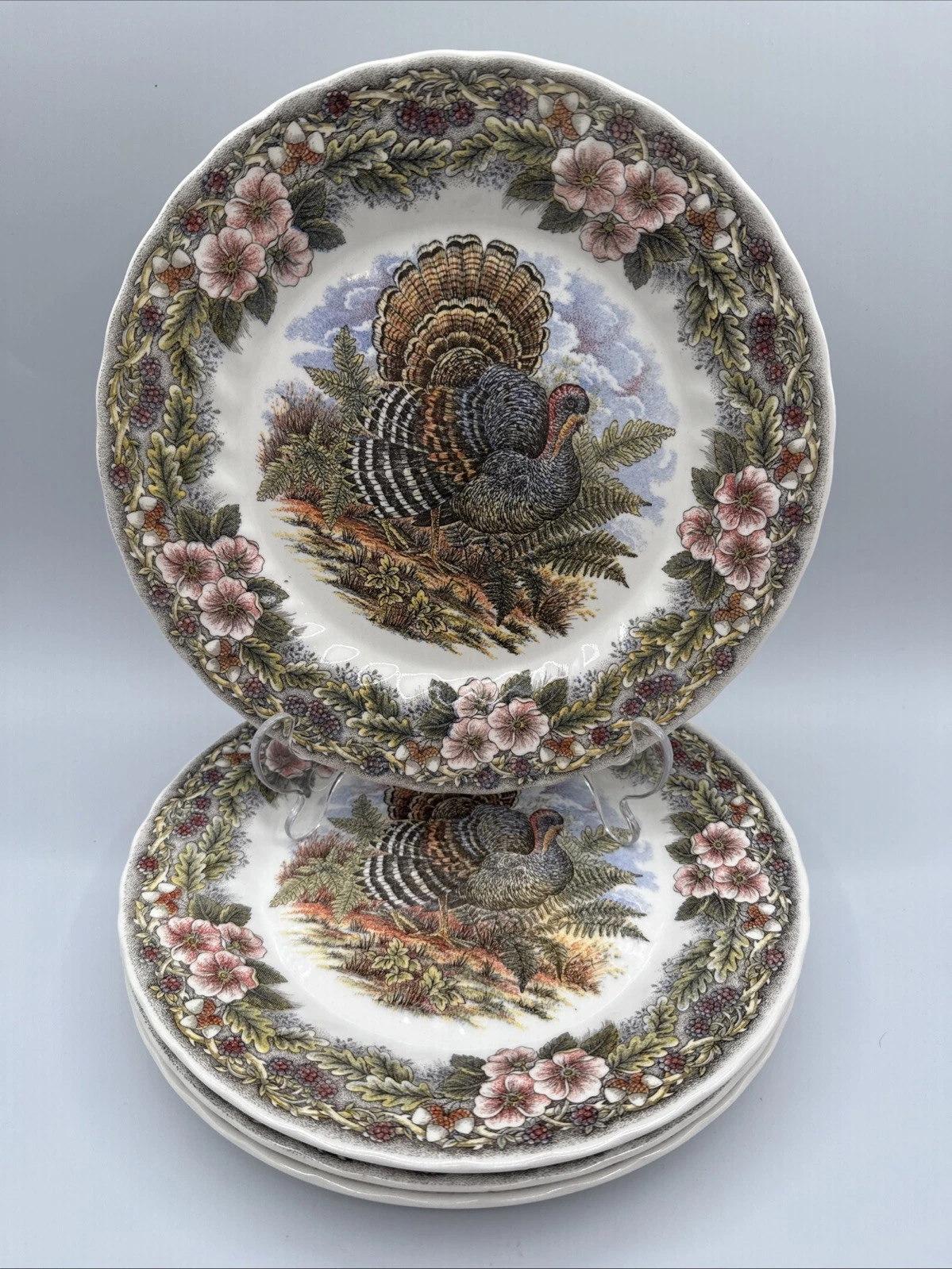 4 - Beautiful Queen's Myott THANKSGIVING Turkey Dinner Plates ~ Set of 4