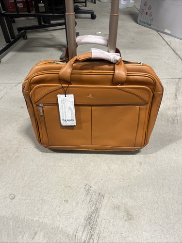 Solo New York Walker Brown Leather Laptop Telescopic Handle Rolling Briefcase - Picture 4 of 10