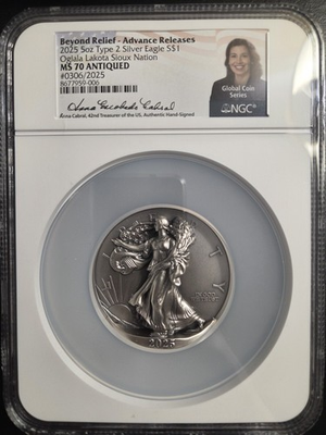 #ad 2025 SILVER EAGLE T 2 NGC MS70 ANTIQUED CABRAL GAUDIOSO BEYOND BELIEF ADVANCE $1695.00