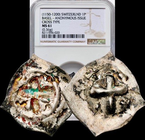 1150-1200 Switzerland 1P Basel Cross Type Pfennig Medieval Silver Coin Ngc Ms61