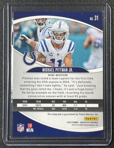 MICHAEL PITTMAN JR. 2025 PANINI ABSOLUTE #31 SIGNATURES AUTO COLTS - Picture 2 of 2