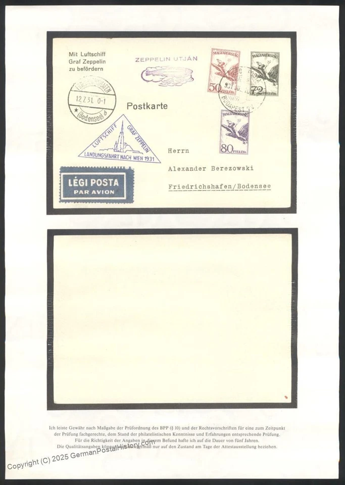 Hungría 1931 Graf Zeppelin Viena Austria Vuelo Mi198 Cubierta BPP Foto Ce 113697 Foto 4 de 4
