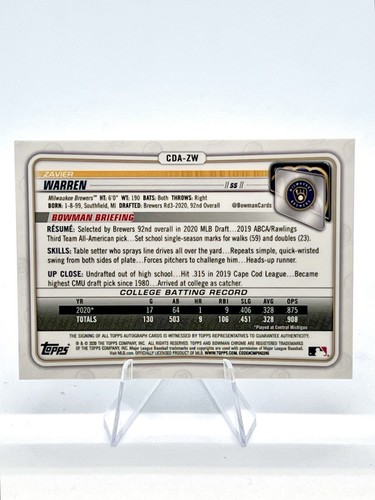 ZAVIER WARREN 2020 BOWMAN CHROME BLUE REFRACTOR AUTO /150 BREWERS - Picture 2 of 2
