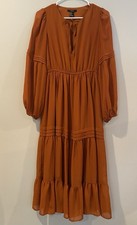 Forever 21 Tiered Balloon Sleeves Midi Dress Rust Burnt Orange Lined Sheer Sz S
