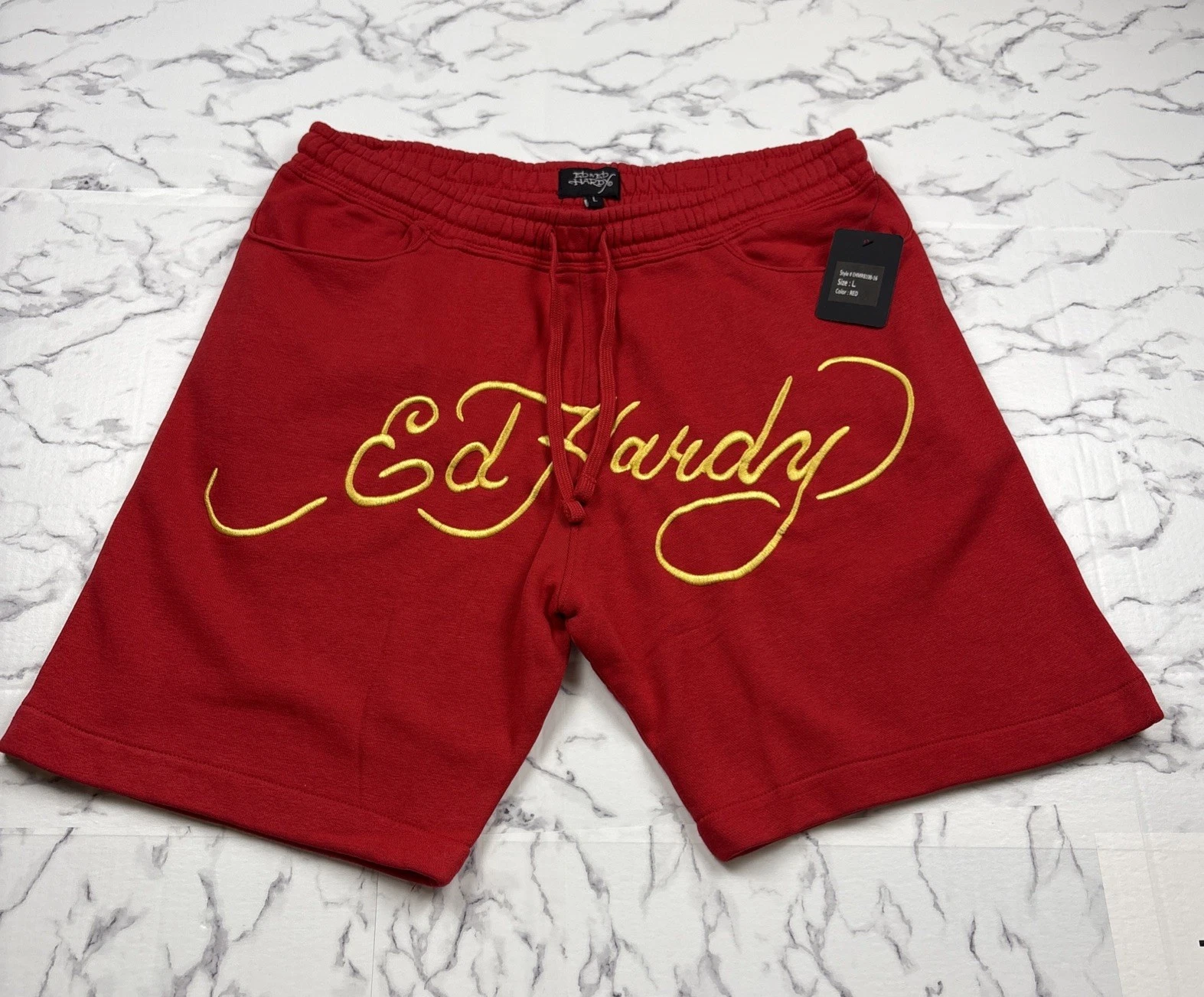 NEW Ed Hardy Mens Red Fleece Gold Embroidered Logo Shorts Sz. L