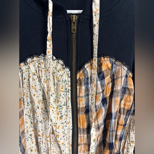 POL Mixed Fabric and Print Zip Up Hooded Top in Navy Medium Boho Bohemian Hippie - Picture 12 of 13