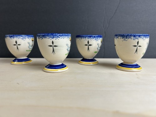 French Quimper Style Pottery Lot of 4 Egg Cups Royal Ermine Crest Anne Brittany - Picture 5 of 9