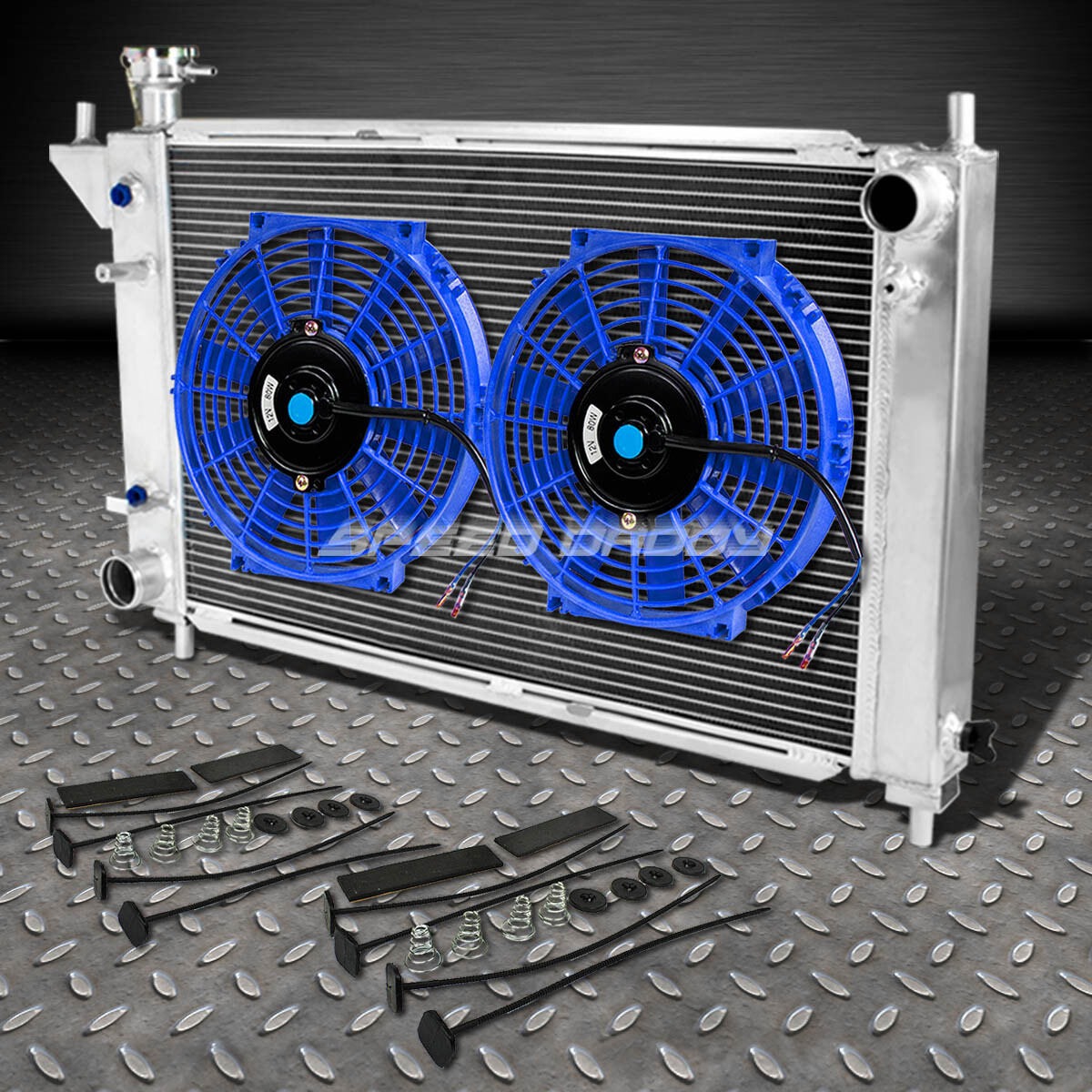 3-РЯДНЫЙ ПОЛНОСТЬЮ АЛЮМИНИЕВЫЙ ГОНОЧНЫЙ РАДИАТОР + 2 СИНИХ ВЕНТИЛЯТОРА ДЛЯ FORD MUSTANG V8/V6 94-95 AT