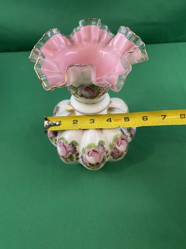 Fenton Pink Cranberry Melon 8,5" Vase Goldrand handbemalt Rosen Vintage - Bild 5 von 8