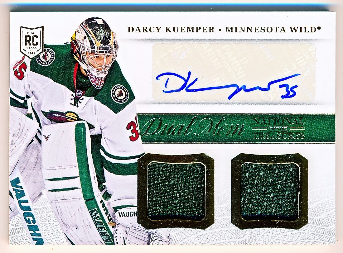 2013-14 National Treasures Darcy Kuemper Dual Memorabilia Jersey Auto Rc #DM-DKU