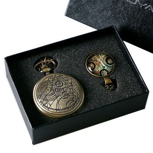 Black Dr. Who Theme Pocket Watch Quartz Gift Box Pendant Chain for Men Women - Picture 13 of 42