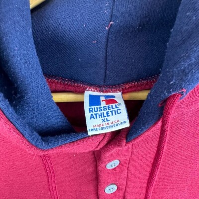 90s USA製 russell athletic ボタンスウェットフーディ 古着 90s USA製 Russell Wフェイス フード ハーフボタン プル
