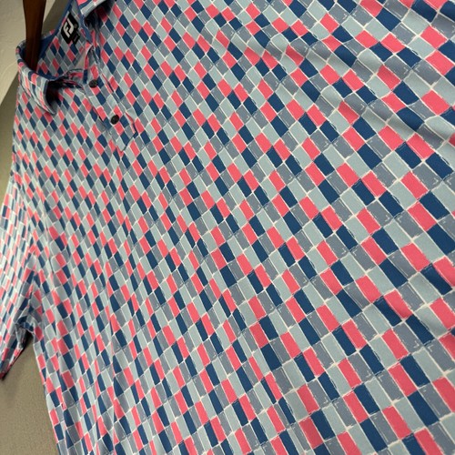 FootJoy Polo Uomo 2XL Golf Camicia Piastrella Verniciata Lisle Geometrica Stampa All Over Usato in Ottime Condizioni - Foto 7 di 13