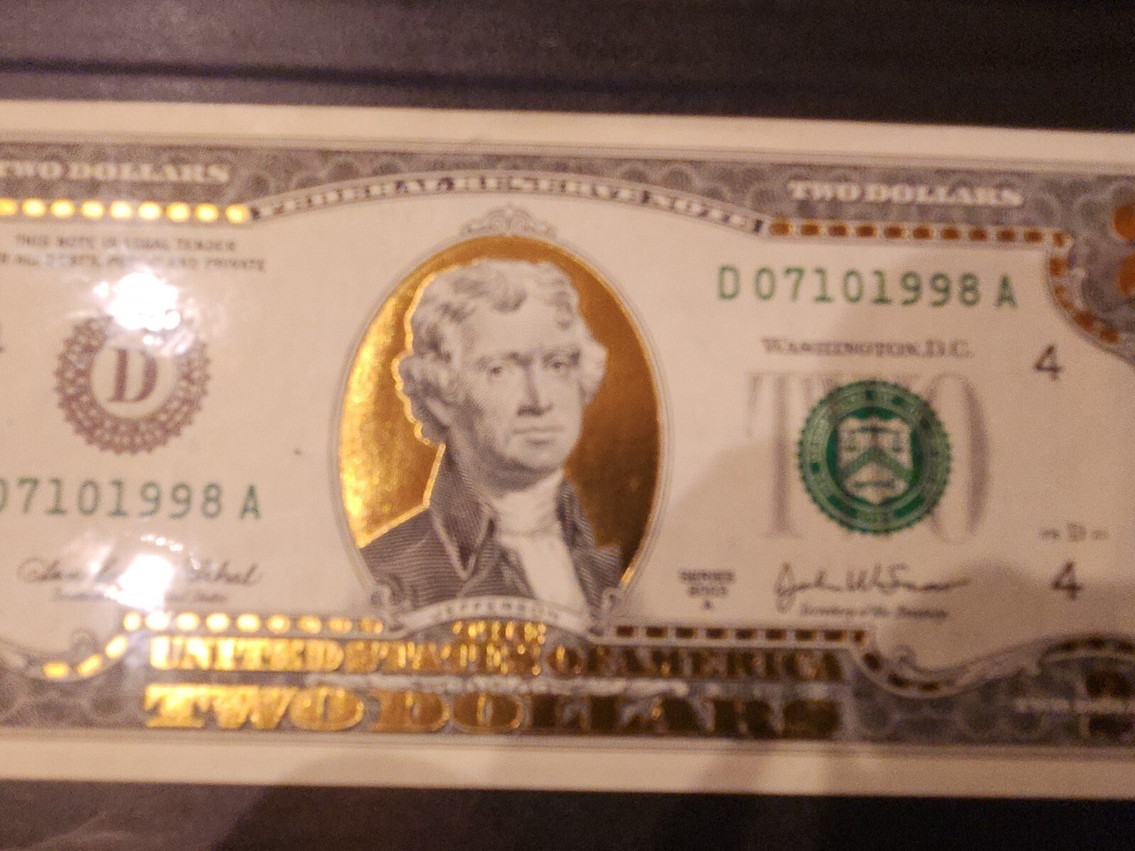 22k Gold Layered Uncirculated Two Dollar Bill Special Edition