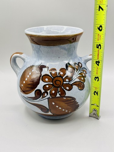 VTG Mexican Folk Art Pottery Vase Double Handled Blue Brown Birds Flowers 5.75” - Picture 8 of 11