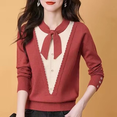 V-Neck Knitted Sweater Women's Clothing Casual Pullovers Fake Two Pieces Tops - Picture 6 of 11
