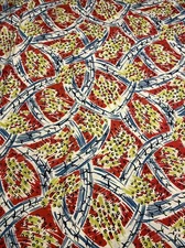 Vintage Red Blue White Green Black Mod Cotton Fabric 44x35 Birds Fields Roads