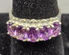 Sterling Silver Oval Cut Purple Amethyst Accented Heart Band Ring 925 Size: 6.75