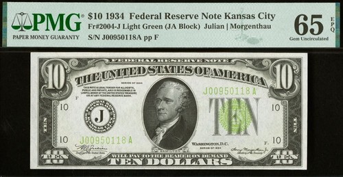 1934 $10 Federal Reserve Note PMG 65EPQ - Kansas City Light Green Seal Fr 2004-J - Picture 2 of 3